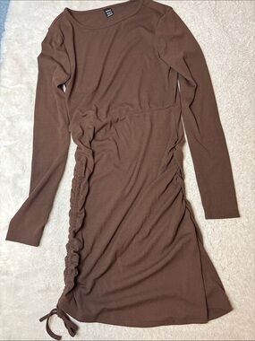 Brown Long Sleeve Ruched Side Knit Dress